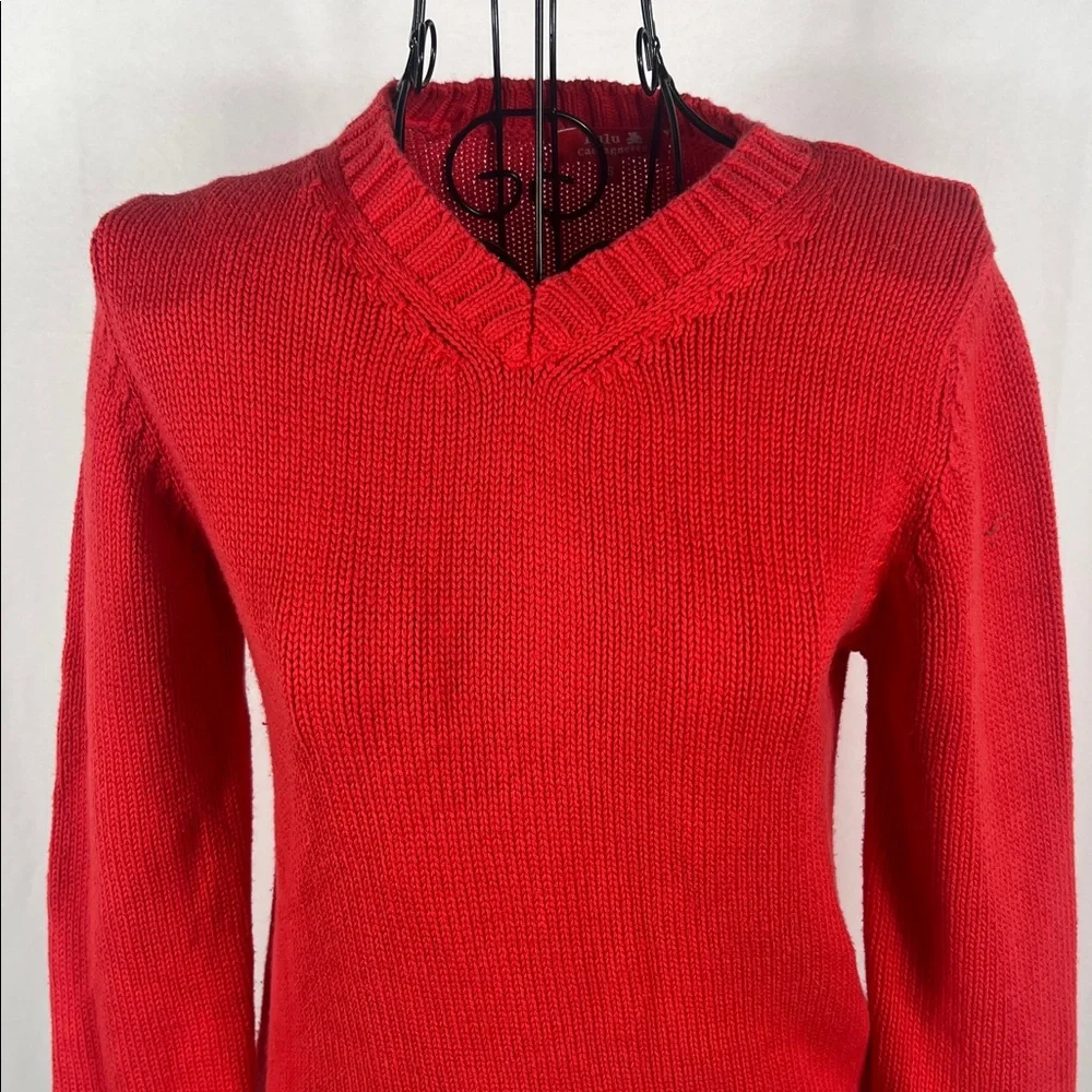 VINTAGE 90’s LULU Castagnette Red/ Orange V-Neck Sweater‎ Women’s Small Cotton